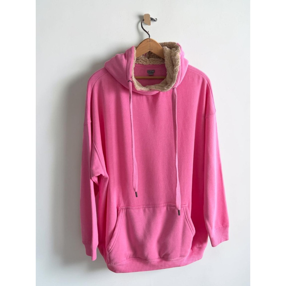 Aerie Pink Ribbed Oversized Hoodie Faux Fur Lined Hood Sweatshirt Womens Medium